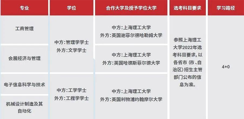 中外合作办学,4+0本科,国际本科,上海理工大学,英国谢菲尔德大学,英国利兹大学,专业设置